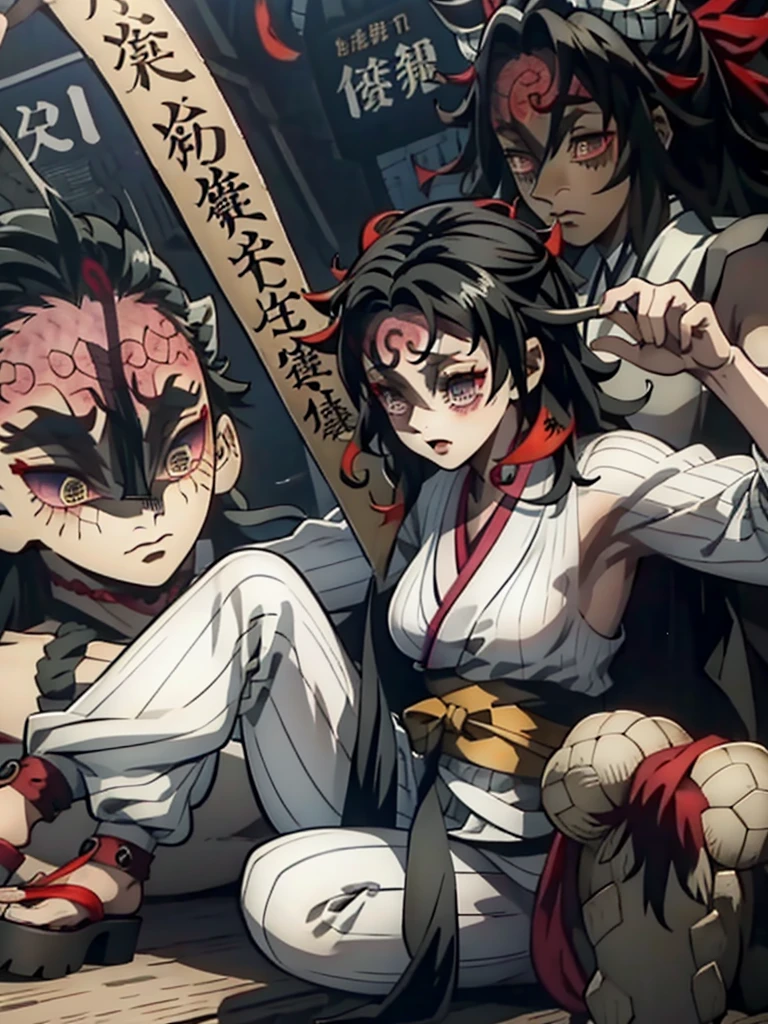 Girl with gentle gray-black eyes that say 'Upper' in one eye and 'seven' in the other, black hair, wears a long, navy purple kimono with a hexagonal pattern and long loose pants, tied with a black sash, and paired with traditional white tabi socks and sandals; her outfit is neat and samurai-like, and kind of looks like Daki from Demon Slayer: Kimetsu No Yaiba, she has a demon marking which is a red crescent moon on her cheek and left side of her forehead