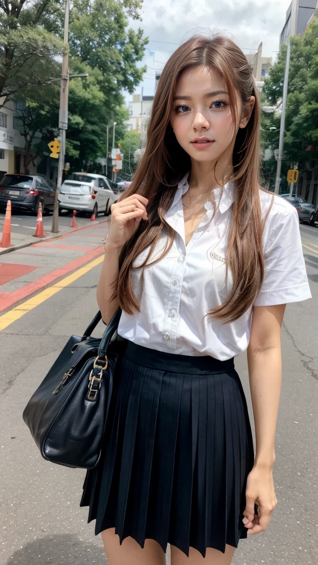 best quality, highly detailed ,photorealistic, masterpiece,1girl,black hair, solo, white shirt,black skirt, looking at viewer,