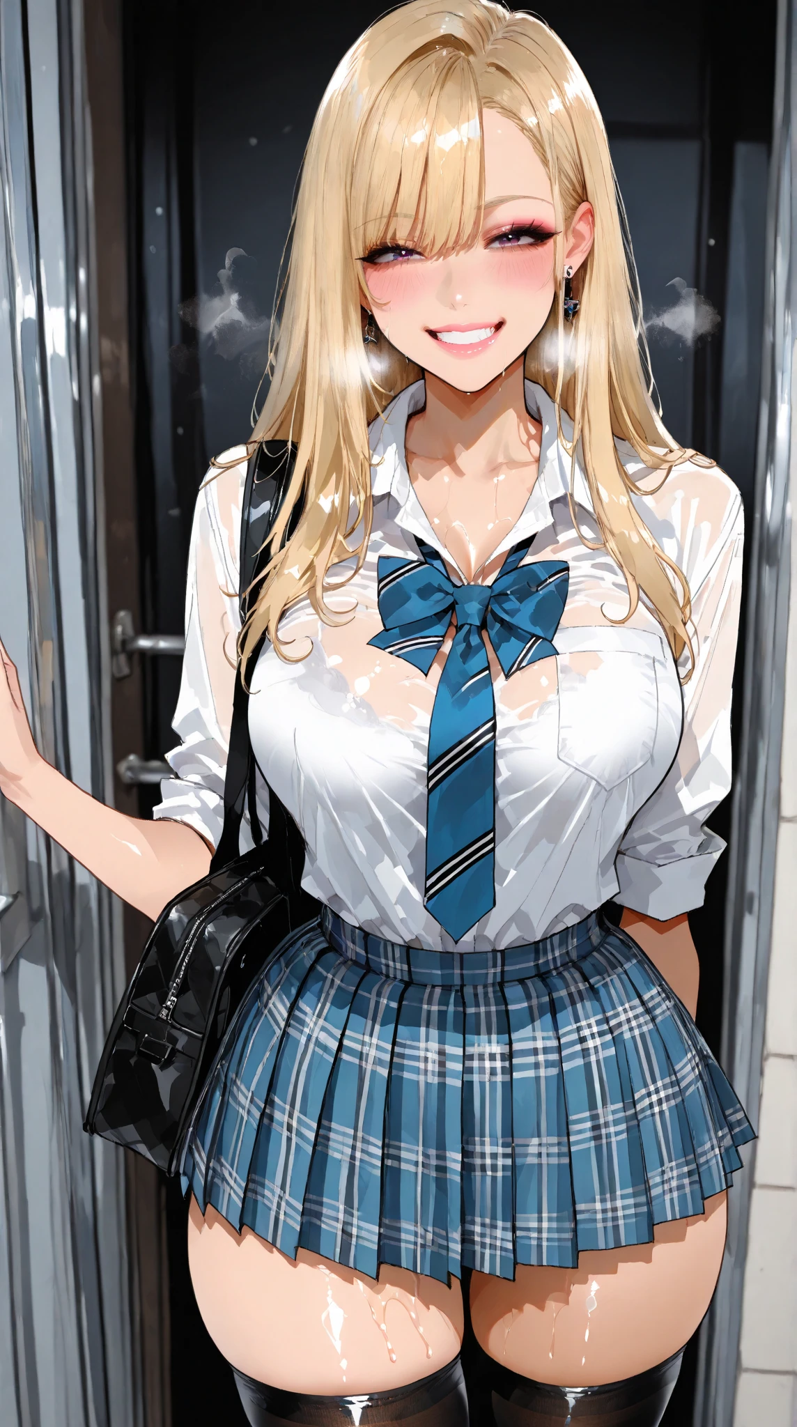 long hair, cleavage, navel, slim legs, blonde hair, skirt, Kitagawa marin, school uniform, class, navel