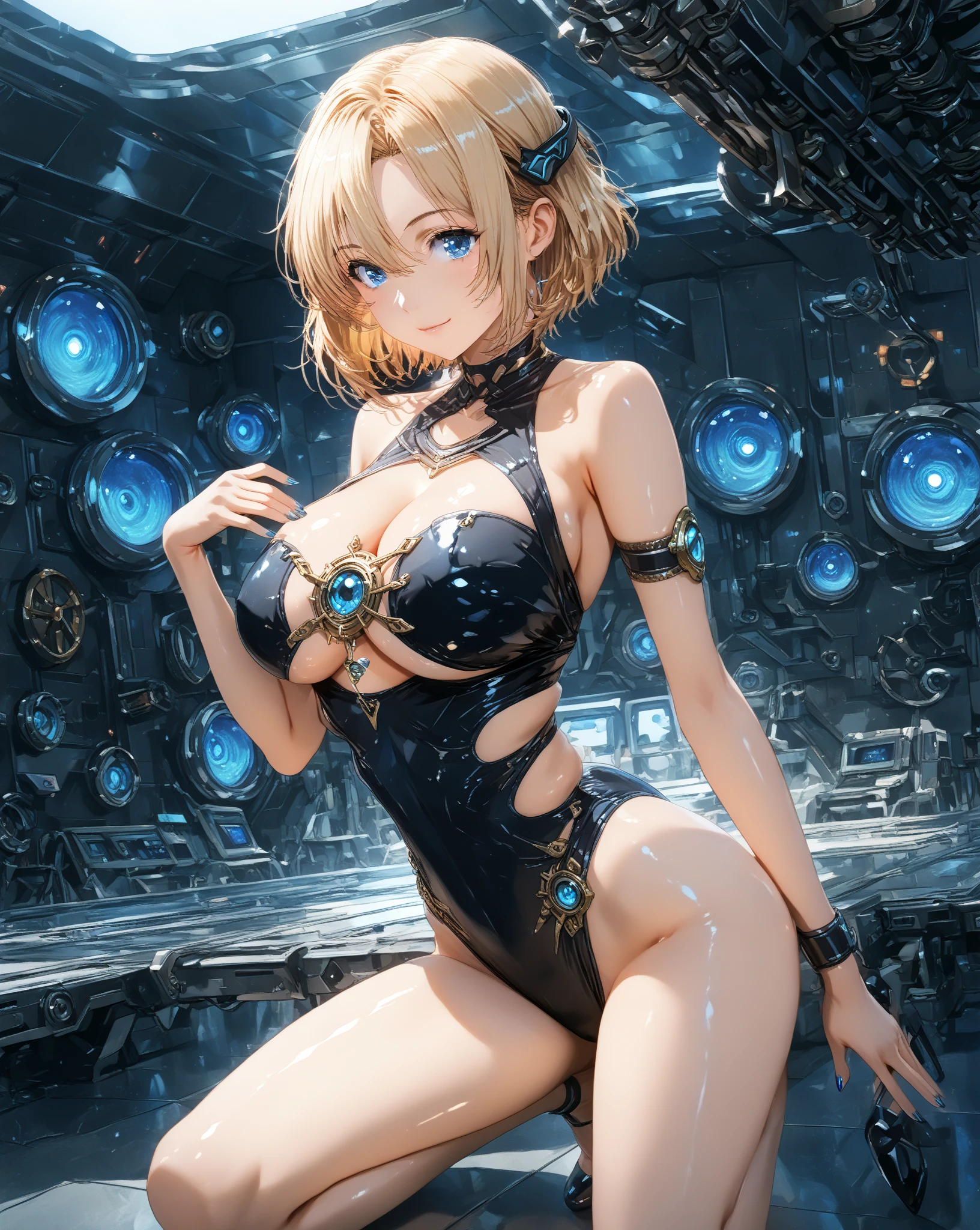 (quality)), ((masterpiece)), Recommended results、puffy nipples、(see through:1.5)、straighten your back、abdominal muscles、huge bust、angle to floor:1.2、low camera angle、Hair loss on crotch,Hatsune Miku,(girl),charming姿态),(big breasts:1.4),Breast sagging,,Colored inner hair,short hair,))),, Manipulator:1.5)),((silver armor dress,),((:1.5,Body:1.5,metal skin,Mechanical joint: 1.4,mechanical limbs)),(((pale nipples,(fat)),(((shiny skin:1.5,bright skin: 1.5,shiny skin,very shiny skin,plastic glitter skin)),(lower abdomen,Yao Liu,wide hips,detailed Body,(Detailed face)),charming,debauchery,Tempting,Delicate metal decoration,sleeveless,cheongsam,,cute round face,Humanoid Rabbit Dancer
