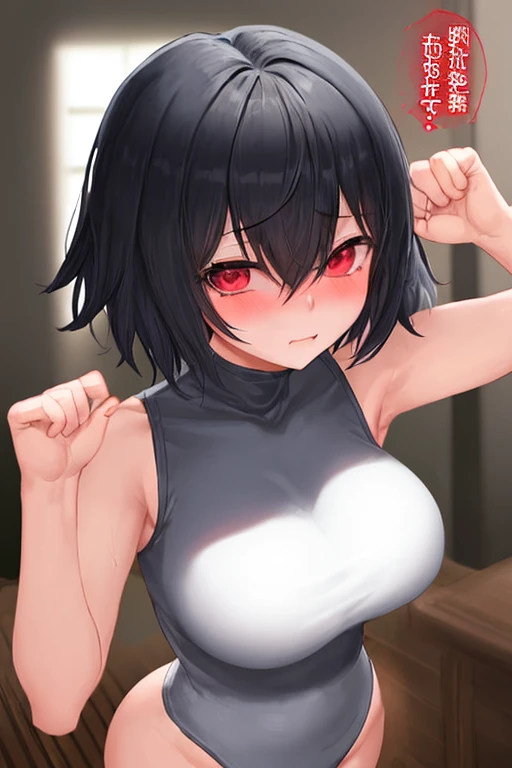 Cute, tight fitting shirt, tight jeans, red eyes glowing in the dark, menacing expression, dark alley