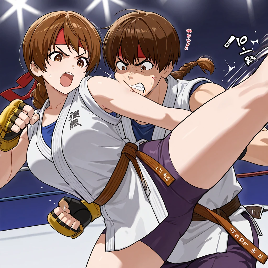 A young woman, quite short, with brown eyes, brown fringed hair, she's a grappler, an MMA fighter, she wears a couple of red fingerless gloves and a MMA suite, fit and toned, barefooted, full body picture,with a shy smile onto her face, she's alone in the picture, and she's standing into a MMA cage