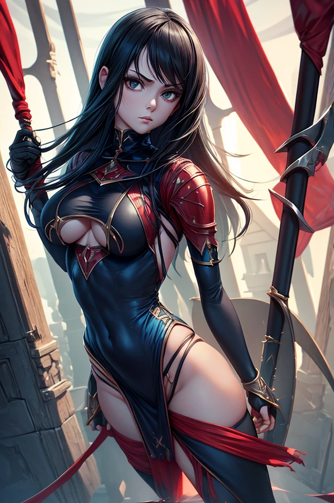 A pale skin woman with tired eyes black medium hair red eyes,huge muscle veiny bulging veins giant body,getting insane with power,colossal,maniacal,backshot