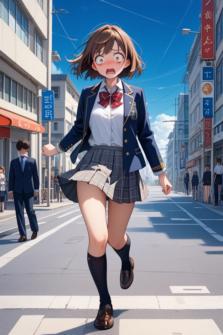 multiple girls, 3girls, standing, giantess art, highly detailed giantess shots, giantess, most detailed, perfect face, Two legs, Five fingers, short hair, A high school girl who is bigger than a skyscraper, Wearing rimless glasses, smile, huge breasts, Navy blazer, Red tie, mini skirt, black pantyhose, no shoes on, toes visible through pantyhose, Steam coming out from the soles of my feet, seaside metropolis, numerous miniature warships on the sea, Destroying cities, Under heavy attack, A very small big city, Miniature metropolis, Full body description, GTS, giga giantess, stomping city, crash city, tiny city, micro city, pantyhose feet, High resolution, highest quality, masterpiece,