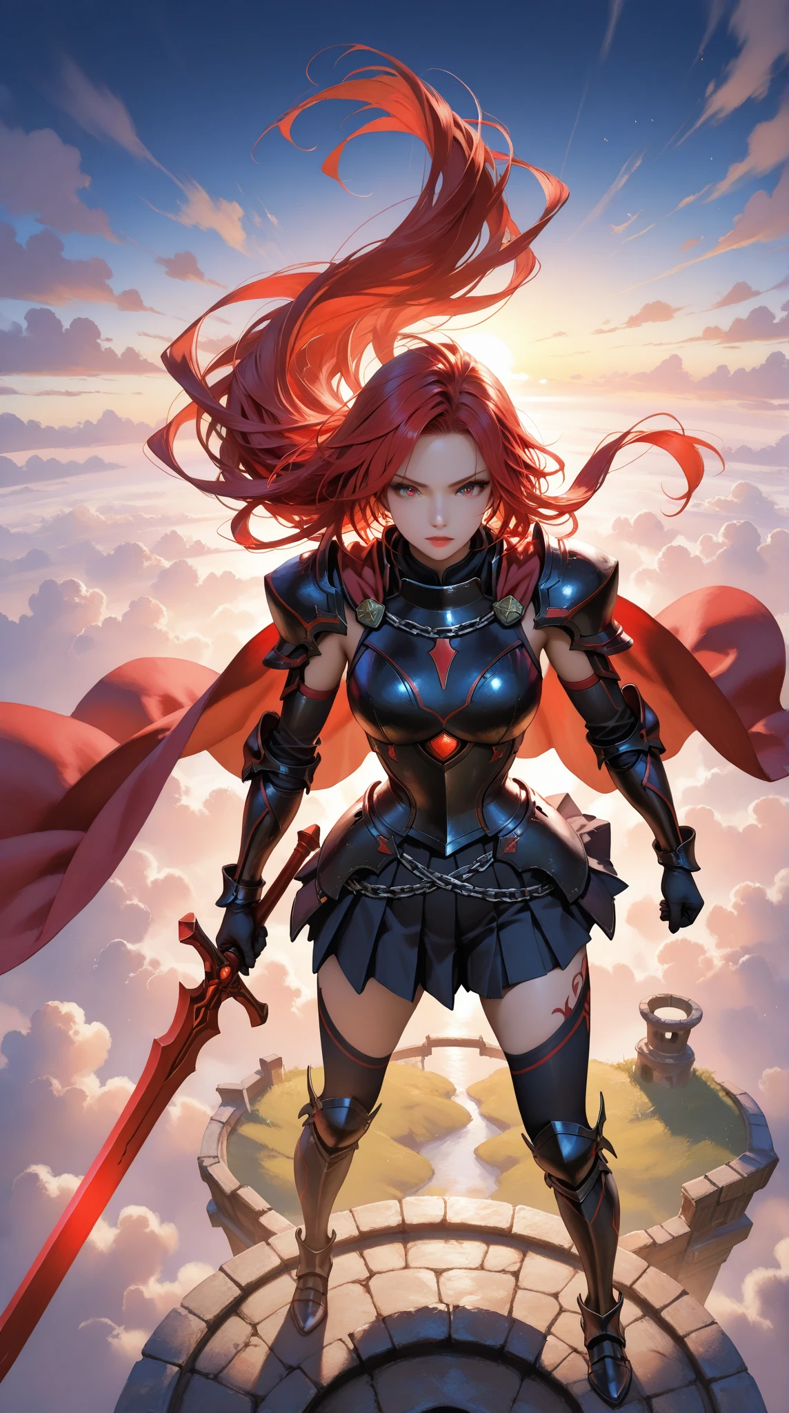anime girl with red hair and armor holding a sword, anime wallpaper 4k, erza scarlet as a real person, ultra hd anime wallpaper, anime epic artwork, anime fantasy artwork, anime style 4 k, fire flying sparks in the background