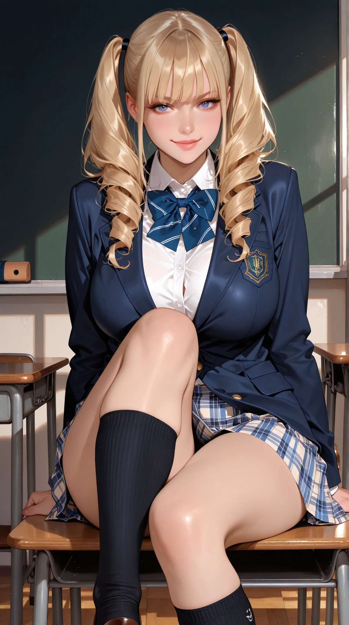 Very detailed expression, (RAW shooting: 1.2), (Photorealsitic: 1.4), beautiful details of beauty and delicate expression, blonde hair, ((panties visible)) (squat pants shot) Nipple piercings, eyelashes, beautiful details Eyes, Huge file size, Super detailed, High resolution, Super beautiful, Top quality, Masterpiece, (Japanese girls' high school uniform)), Spectacular, Fine details, Detailed facial movie writing, 23 year old girl, ( (dynamic pose))), (sitting cross-legged, bending the knees)), pleated skirt, blazer, sexy upper eyes
