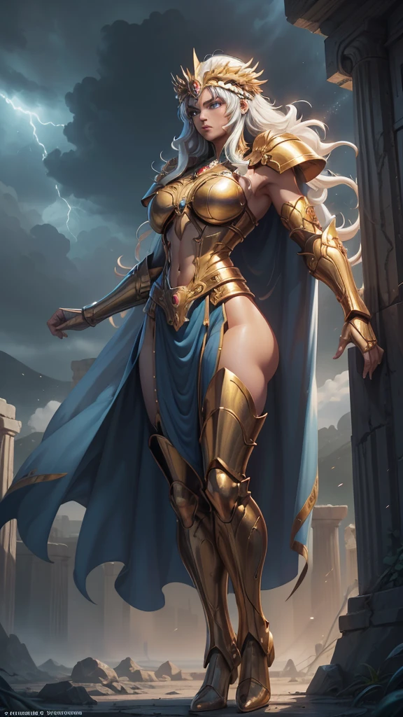 The painting captures the majestic figure of Athena, the goddess of wisdom and war, rendered in the revered style of Greek Orthodox iconography. She stands tall and imposing, her muscular form exuding divine strength and power. Her physique is a testament to her warrior nature, with well-defined muscles that speak of both grace and might.
Athena is adorned in resplendent armor, a blend of gold and silver that gleams with an ethereal light. The armor is intricately detailed, featuring elaborate designs and symbols that represent wisdom and warfare. Each piece fits her perfectly, from the ornate breastplate embossed with scenes of victory to the vambraces that encase her powerful arms. The craftsmanship is exquisite, with patterns and motifs that are both classical and divine.
Her face is a striking combination of serenity and fierceness, embodying both the intellect and the warrior spirit. Her eyes are piercing, reflecting a profound intelligence and unwavering determination. A golden halo surrounds her head, a traditional element of Greek Orthodox iconography, signifying her divine status.
In her right hand, Athena holds a spear, its tip glinting as if imbued with celestial power. The spear is a symbol of her readiness to protect and defend. In her left hand, she bears a large shield adorned with the head of Medusa, a powerful emblem of protection and fearlessness.
The background of the painting is a harmonious blend of vibrant colors and intricate patterns typical of Orthodox iconography. Behind Athena, classical Greek architecture frames the scene, with columns and arches that enhance the sense of ancient reverence. Symbols of wisdom, such as the owl and the olive tree, are subtly incorporated into the backdrop, adding layers of meaning and depth.
The painting exudes a sense of divine authority and strength, capturing Athena in all her glory as a muscular, armored goddess, ready to impart wisdom and lead in battle.