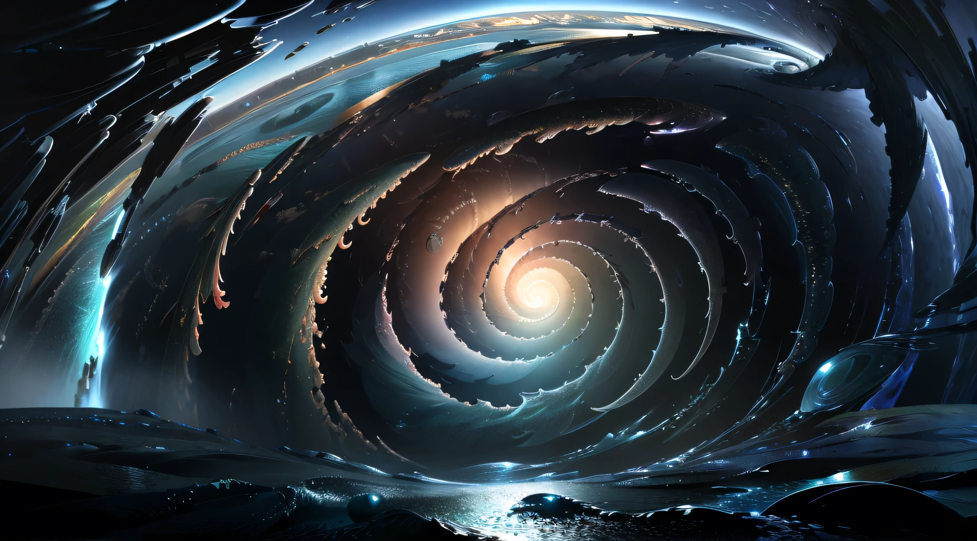 A time-lapse of the ocean's evolution, visualized as a swirling vortex, showcasing the transformation from primitive marine life to advanced digital art forms, with a focus on the fluidity and dynamism of the sea.