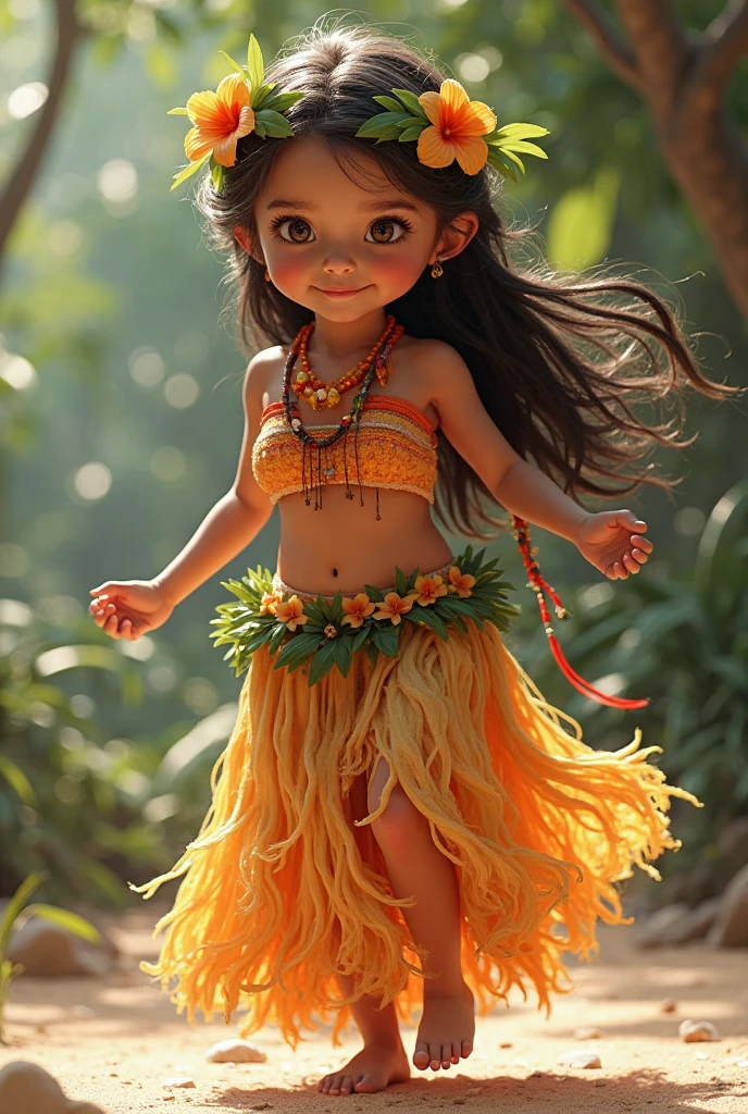 Create a scene where an adorable real baby girl is wearing a costume of the cartoon character Moana ultra realistic 4k motion camera, desfilando na passarela