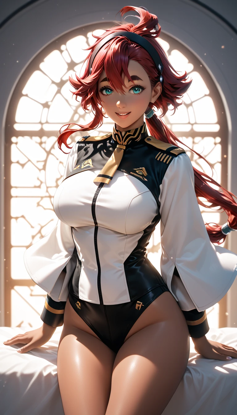 Curly and red hair、hime-cut、Girl with golden eyes、View of the crotch from below、flat chest、Thin pubic hair、Beautiful open legs、White military uniform