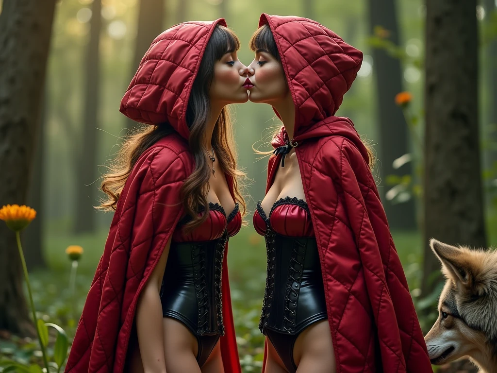 vampire teeth , ((((nighttime))) , 2girls,looking at each other in the eye, long hair , RAW photo, high quality, film grain,simple background, presenting, beautiful, (black and red lined satin cloak tied at the neck:1.20) , biting necks , breasts,big ass, clothes lift,bottomless,  moonlit graveyard , (2girls,yuri), 