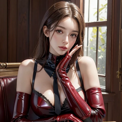 (best quality,photorealistic:1.37),donna giovane bionda sexy,con pizzetto,red armchair,leather upholstery, crossed legs with heels and fishnet stockings,beautiful detailed face,detailed blue eyes,long eyelashes,pouty pink lips,hourglass figure,attractive pose,soft lighting,studio shoot,vivid colors,high-resolution details