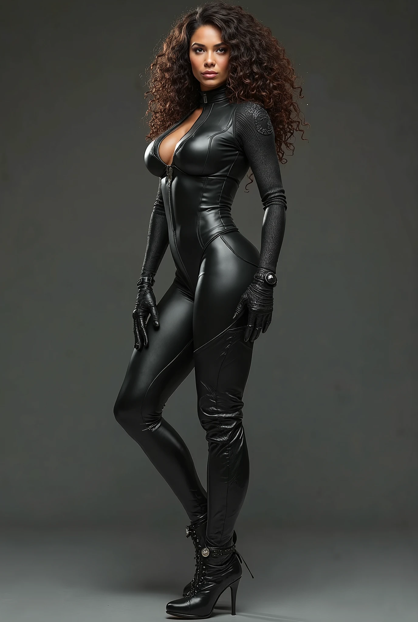 mature body, masterpiece, best quality, ultra-detailed, ultra high res, (photorealistic:1.4), raw photo, (realistic:0.2), CG, {4k|8k} HDR, perfect lighting, 1girl, solo, looking at viewer, outdoor, asymmetrical wavy long hair, (detailed oily skin, medium breasts:1), (detailed background :1.1), (full body:1.2), (full body:1.2), closed mouth, (((she wears black tight long-sleeves bodysuit, tight black flare pants, black boots and black gloves))), ((((show camel toes)))), [nipples], (((curly hair))), (((all in brown)))