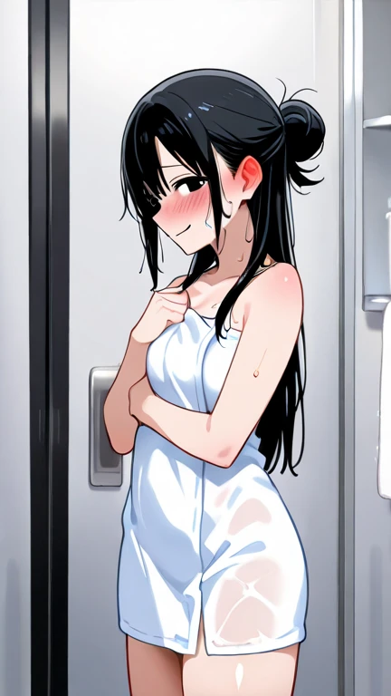 (8K、Top image quality、top-quality、​masterpiece)、1 loli、Black hair twintails、red eyes、red blush、Open mouth、Smaller chest、white bra、panties under pantyhose、change clothes、Rear view、from behind、Locker Room Background