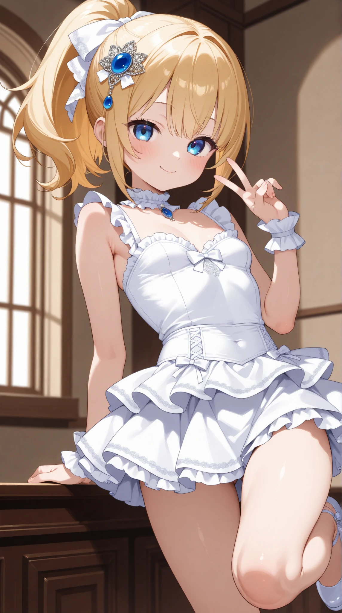 KirimaSharo, KirimaSharo, Gothic Maid:1.5, (Highest quality:1.2), Ultra-high resolution, (Hard Light:0.5), Sharo Gochiusa, 8k, Absurd, anime, ShaggyHair, bangs, blunt bangs, (Blue eyes:1.1), Blonde, smile, break looking at viewer, (Cowboy Shot:1.5), break (masterpiece:1.2), unity 8k wallpaper, (figure:0.8), (Beautiful attention to detail:1.6), Highly detailed face, Perfect lighting, Highly detailed CG, (Perfect hands, Perfect Anatomy), (3D Face:1.1), (Shiny skin:1.5), (Ultra-high resolution intricate face details), (Facial skin pores:1.3), Ultra-high resolution cloth texture, 大きなsmile, Blushing, Open your mouth, Showing off her perfect legs, armpit:1.6, arms behind back, One girl, alone, Gothic Maid:1.5, Akiba maid caffe, (8k, RAW photo, best quality, masterpiece:1.2), (realistic, photo-realistic:1.4), (extremely detailed 8k wallpaper)