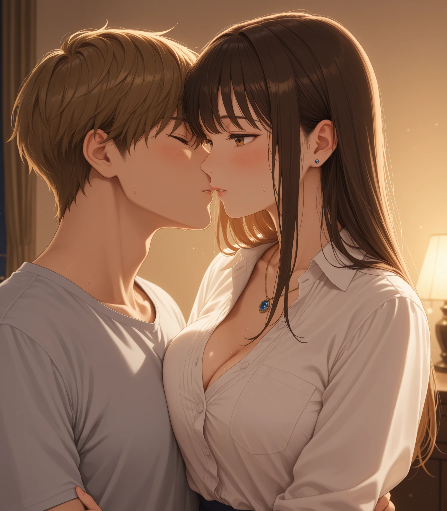 score_9, score_8_up, score_7_up, score_6_up, source_anime, masterpiece, best quality, very aesthetic, uncensored, 1girl, 1boy, kiss on the lips, cute face, lace camisole, round breasts, small breasts, hand_under_clothes, hand touch breast, seductive, voluptuous, long hair, brown hair, moaning, living room, window, window blinds