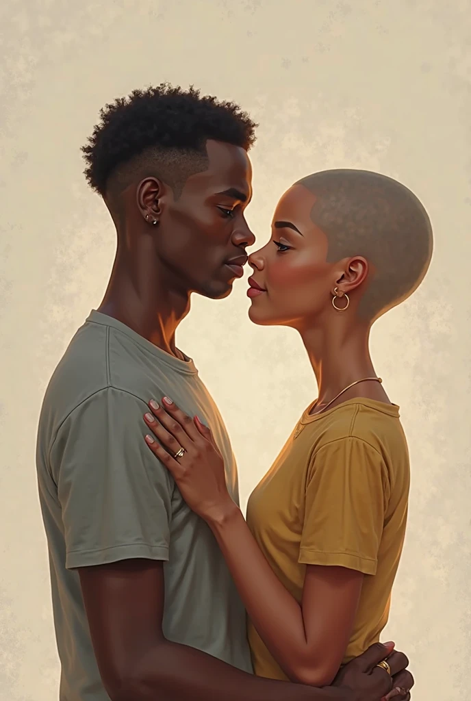 You could generate an illustration of a dark-skinned man with curly hair and a thick build with a white-skinned woman with a balanced build and super short hair.