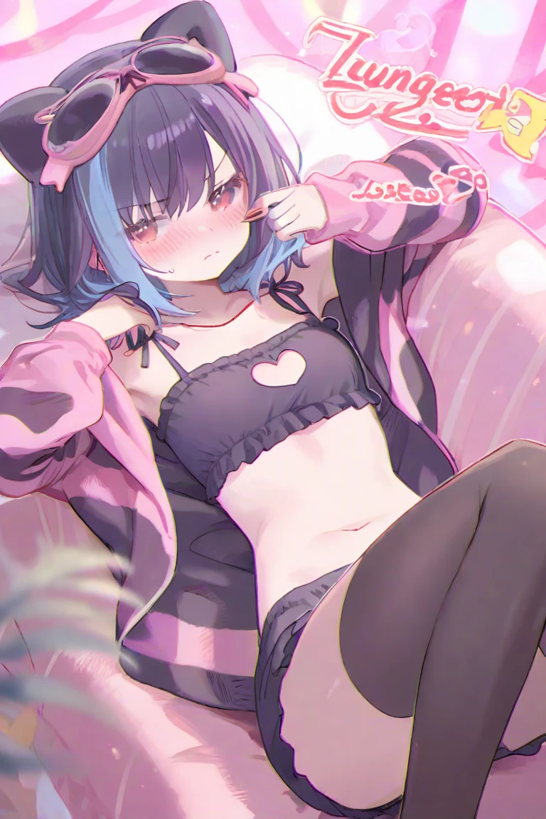 ((Highest quality)), ((masterpiece)), (detailed), Satori Komeiji short hair middle breasts M-shaped legs blackThong sexy Cute face