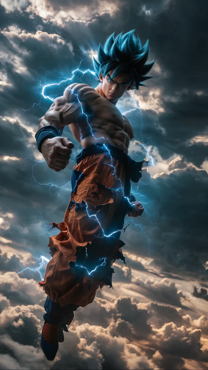 Takeru is enveloped in a blinding flash of light, transported to an otherworldly realm. He stands before Raijin, the colossal Thunder God, who towers over him with an aura of electric energy. The scene is bathed in a surreal blue light from the lightning bolts that crackle around Raijin. Takeru looks up in awe and fear, his surroundings a mix of swirling clouds and electric sparks.