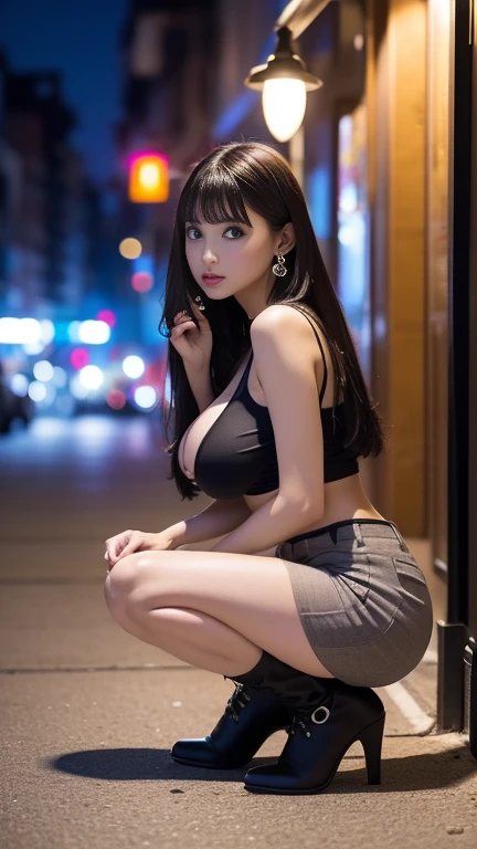 Full Nude Full Body Portrait in night of shibuya street,Very most beautiful 25-year-old japanese-woman with very most huge breasts and very most huge tits very most huge hip with very most huge boob with put your hand on your back and very most voluptuous and put cat ears、and wore shoes, Squat with your legs spread apart and turn your body towards the camera. and one woman.