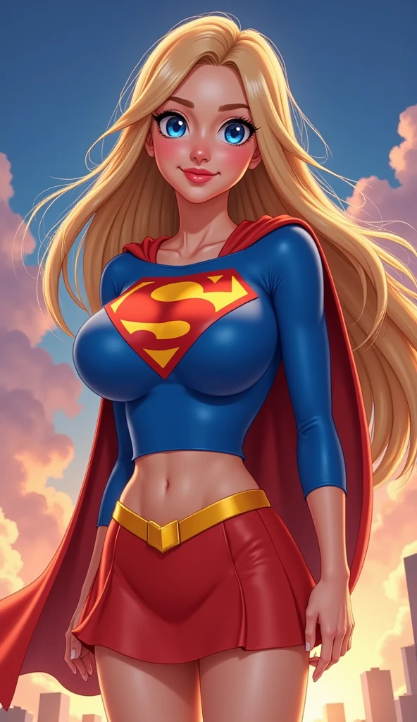 Supergirl, deep cleavage, big breasts, sitting on a sofa, wearing her suit, mini blue skirt, red crop top with Superman logo in it, wearing a red cape