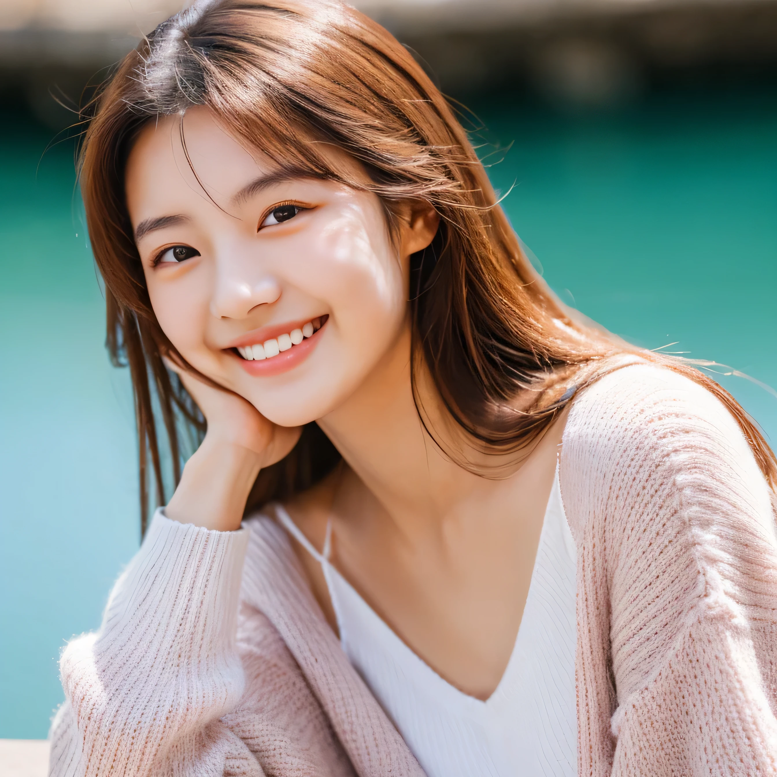 A lovely smile when you see this、One beautiful woman、Bold Pose、Laughter、18-year-old girl、cute、Upper body、
Under the Autumn Sky、Colorful sweater with tedium hair、、Natural color lip、White skin、(Highest quality,8K,masterpiece),Woman sitting at table with mobile phone in hand,Japan model at ,small,Cleavage,(Detailed eyes,Detailed nose,Detailed lips,Lip gloss,Detailed skin), On the street,