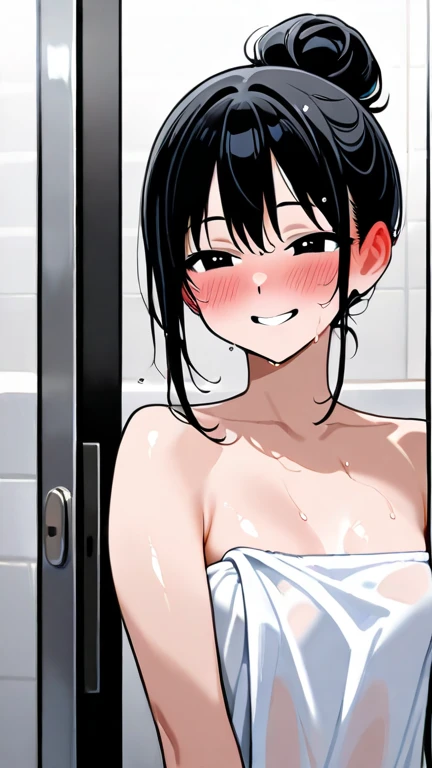 1girl, solo, short hair, breasts, blush, smile, medium breasts, nipples, collarbone, blue hair, sweat, nude, indoors, completely nude, v, mouth hold, facing viewer, pink nails, (((condom, used condom, condom in mouth))), covering own eyes,