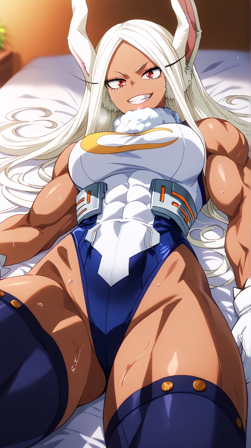 absurdres, highres, ultra detailed, (1 girl:1.2), (breasts:1.2), (dark tan skin:1.4), unity 8k wallpaper, Dynamism,cinematic shot, intricate details,(sex:1.22),Panting face:2.0、squat、Shortcuts、calm,makeine too many losing heroins,Lying on your back、Lying、Normal position、Mosaic on the crotch、Plump body、abs,White HARE、Bunny ears、My Hero Academia、Mirko、Raise your arms to show your sides、
