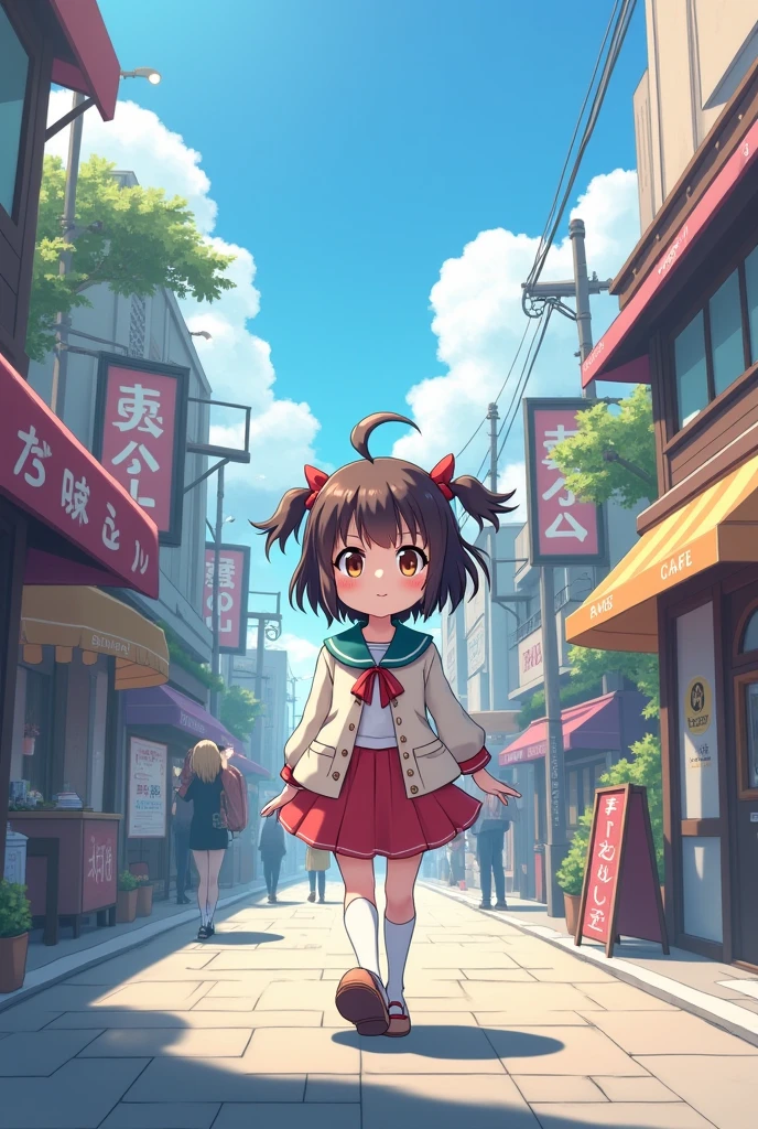 tanuki girl, loli tanuki, kawaii, on a streets of tokyo, sunset, sunbeams, magical lighting, akihabara, in cute short dress, undies visible, panties visible, smiling, blushing, shy pose, kawaii outfit, beautiful hair, looking away Short skirt raised show panties NSFW open legs