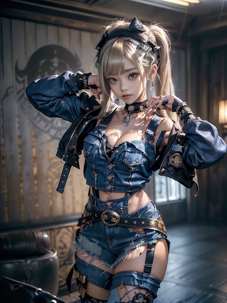 (Full body view:1.2)、(Full Body View:1.2)、(Smiling with teeth showing:1.3),(Shibuya Gal:1.5)、(Beautiful:1.4)、(Neo-Goth Fashion:1.5)、(Punk RockVisual Kei:1.3)、(Futuristic turquoise, denim and navy blue bodysuit:1.5)、(Delicate denim and turquoise cardigan:1.5)、(Gorgeous decorated corset:1.4)、(Navy denim garter belt:1.5)、(Denim, navy and white cargo pants:1.3)、(Heart-shaped silver accessories:1.5)、(Brown Skin Belt:1.4)、(Blue High Heels:1.4)、(Lace underwear:1.4)、20-year-old、Browsing Caution,((Highest quality、In 8K、masterpiece:1.3))、Sharp focus:1.2、(Layered Cut、Huge breasts:1.1),Beautiful woman with perfect figure:1.4、(Doing an aerobics pose:1.3)、Slim Abs:1.2、Butt、Highly detailed face and skin texture、Fine grain、double eyelid,(Twin tails:1.3)、(Brown blonde:1.3)、Obscene、Idol Sculpture、(In the background is a gorgeous medieval metropolis on a sunny day:1.3)、(Slimming your legs:1.4)、(The body is slim:1.3)、(clavicle:1.1)