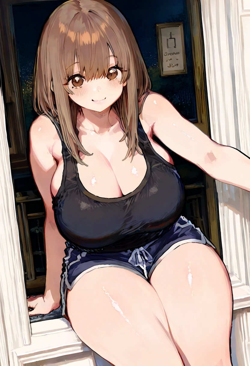 nsfw, (only one person, completely nude:1.8), (small breasts, firm breasts, Nominal body type, early body shape), (pussy crack, large nipples, spread legs, knees up, squatting, arms up:1.5), (cute little), (embarrassed, blush, in heat, sexy mood:1.5), (troubled face), (pole dance, on stage:1.5), (luminism, highlights in her eyes:1.3), from below, anya_melfissa, hololive, brown_hair, purple_eyes, short_hair, gradient_hair, multicolored_hair, yellow_hair, side_br