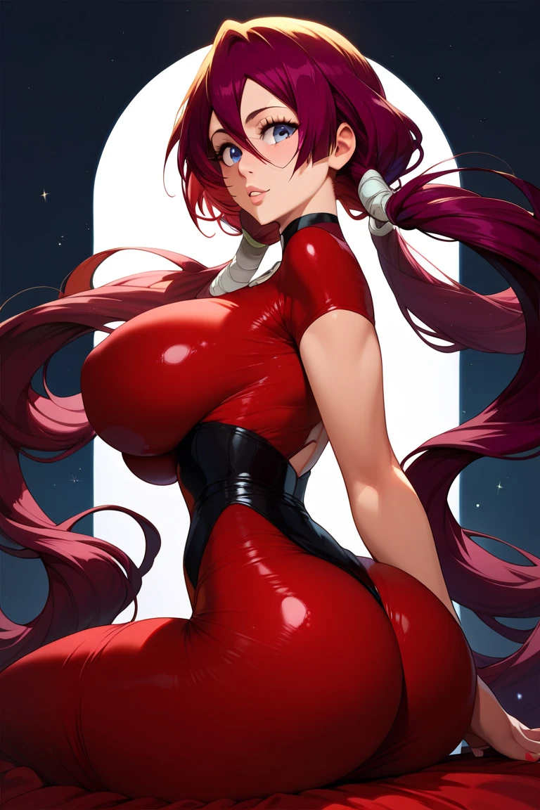 masterpiece, best quality, very aesthetic, absurdres, 1girl, mature_lady,pink_bodysuit,red_bodysuit,covered_nipple,,makima_(chainsaw_man),chainsaw_man, 1girl, red_hair, ringed_eyes, yellow_eyes,,besides a blue lake, night sky,stars,forest,Reflections in the water,,surrounding by flowers,falling_petals, petals,,from below