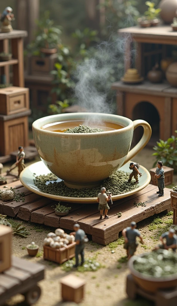 miniature tea factory scene where tiny workers process tea leaves ...