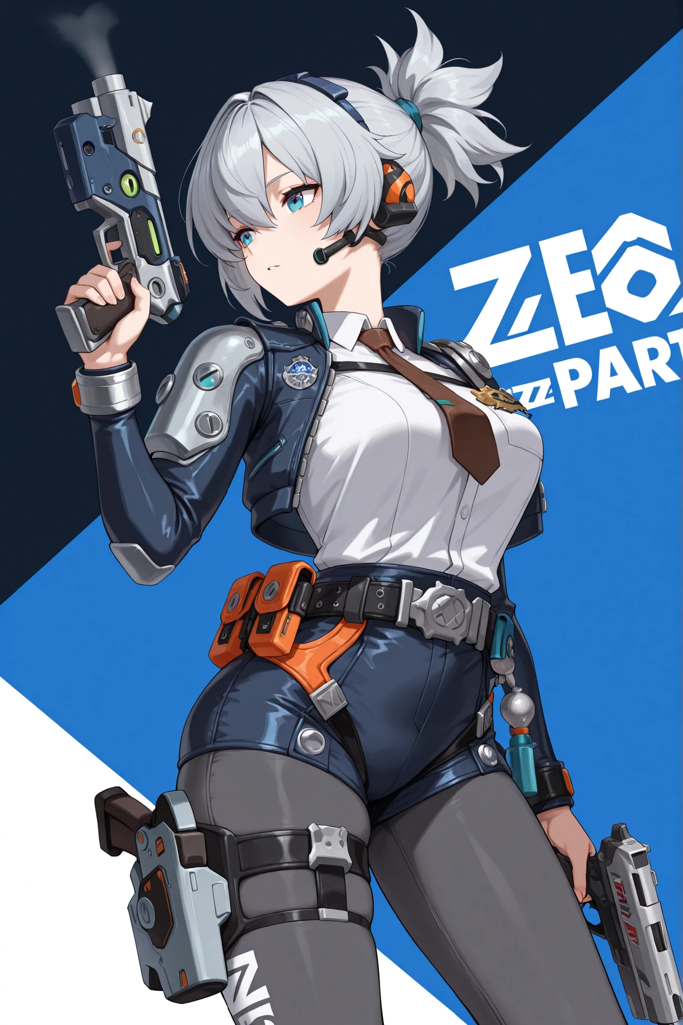 (((a girl))), ((solo)), (((only white backround))), ((Blue short ponytail)), (brown short tie), ((white shirt)), ((blue and black police short suit)), (Gray Black girl Leggings), (blue eyes), (zenless zone zero style), (middle breast), ((Gray gun part on the right shoulder)), ((Gray gun part on the left shoulder), (middle thigh), (black silver belt), (ear contact device) (blue silver pistol gun), (red blue sports shoes)