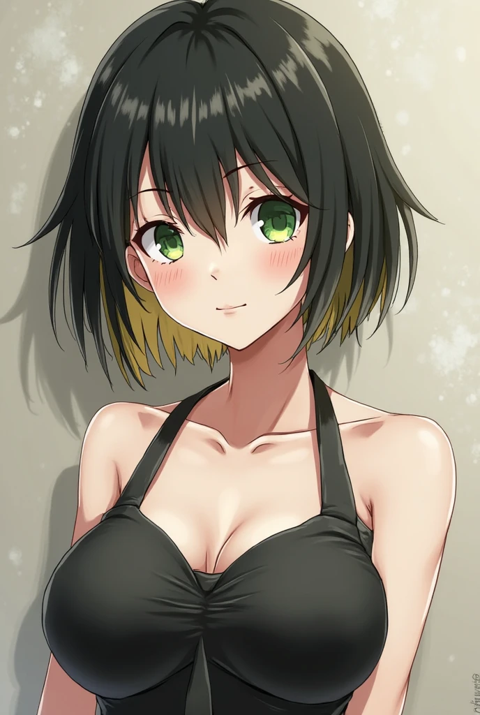 1girl, short messy black hair, green eyes, flat chest, petite, wide hips, thick tighs, black tube top, black shorts, smirk, crossed arms, solo, best quality, portrait, simple background, looking at the camera