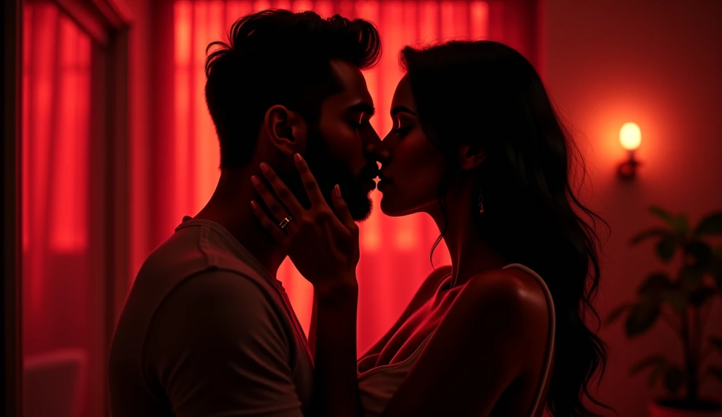 A sensual scene showing in extreme close-up the lips of a voluptuous and daring Italian woman with long black hair dressed in elegant black lace, posing sensually at a French window, at night with stars. The lace of her dress contrasts with her bare skin. The Italian man in profile, shirtless, whose muscular figure is subtly highlighted by soft, dim red lighting, sensually kisses the woman's neck, creating a striking visual play. The intimate setting is bathed in warm, dim red light, which casts deep shadows that highlight the contours of their bodies and the seductive tension of the moment.