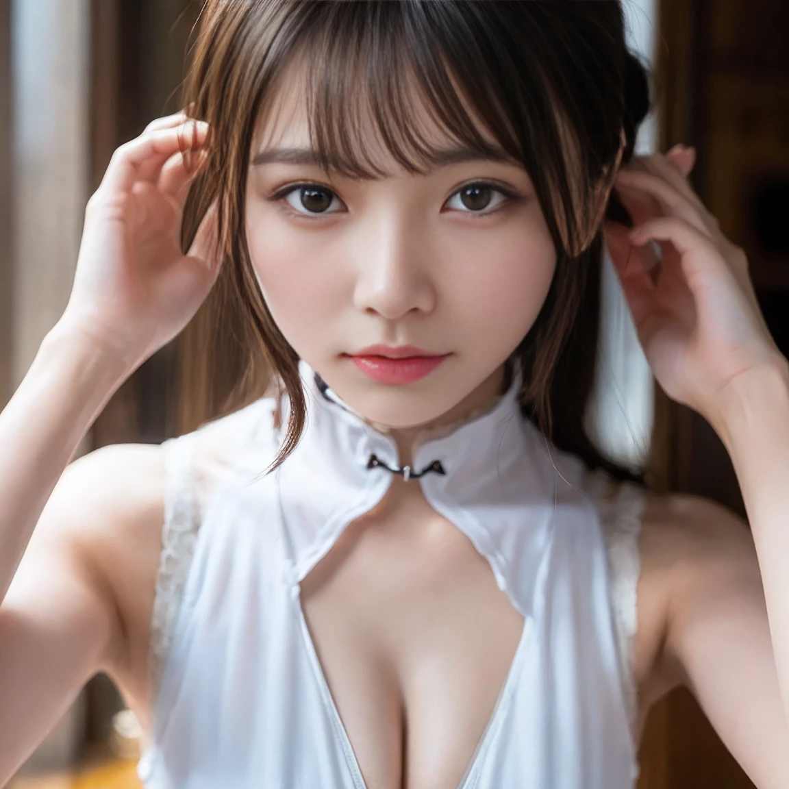 (8K, RAW Photos,Highest quality, High resolution:1.1), (Ultra-realistic:1.4),(Realistic, Realistic:1.3),The Beauty of Japan、((China dress:1.3))、((Upper Body:1.3)),holding panties
