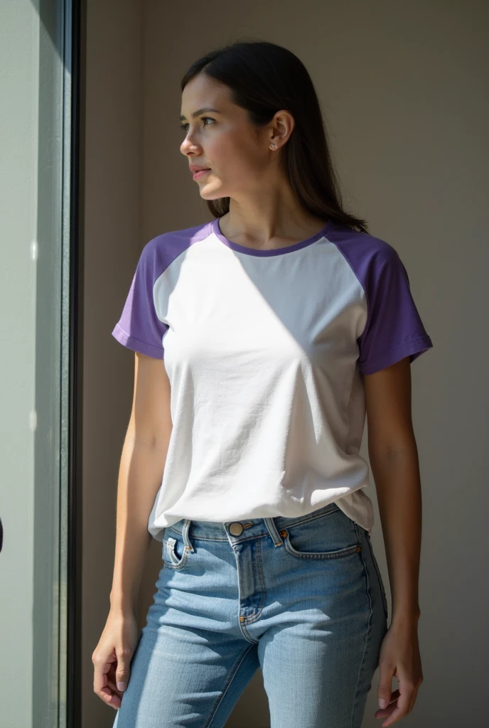 young woman 1, New look, face perfect, heterochromia,shorts jeans branco, red shirt, purple and red hair,No meio da floresta, 4K,Best quality, looking forward