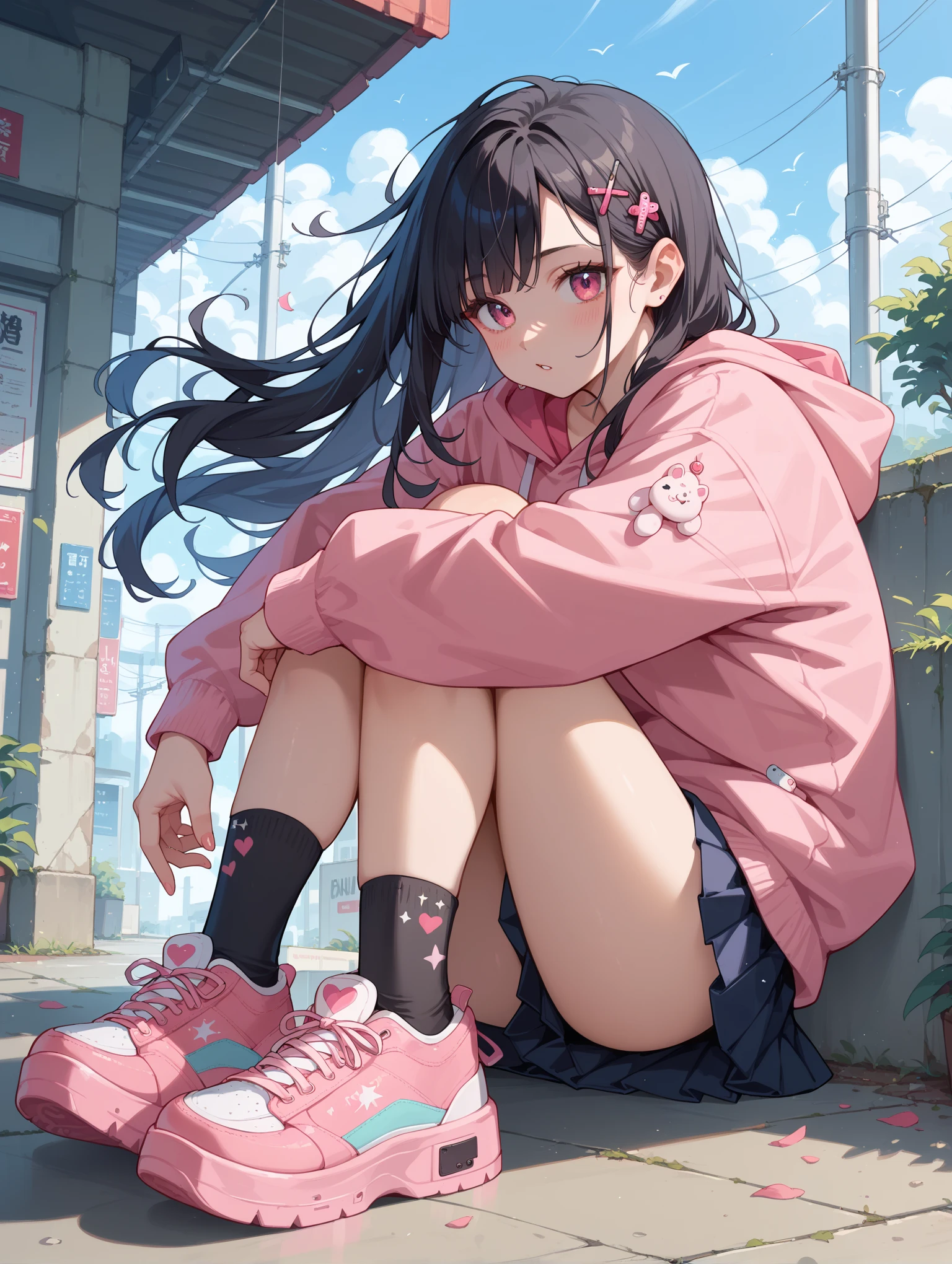 1girl, solo, masterpiece, good lighting.
Appearance: Short stature, big eyes, long black hair with pink highlights, porcelain skin, cute smile, petite nose, and delicate features.
Clothes: Pink hoodie with a heart design, short denim skirt, thigh-high socks, white sneakers, multiple bracelets on each wrist, a dangling heart necklace, and a small backpack with cartoon characters