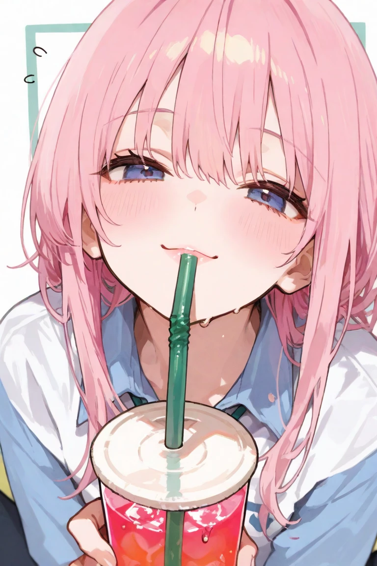 semen、straw、inhale、Girl with pink hair、blue eyes、
