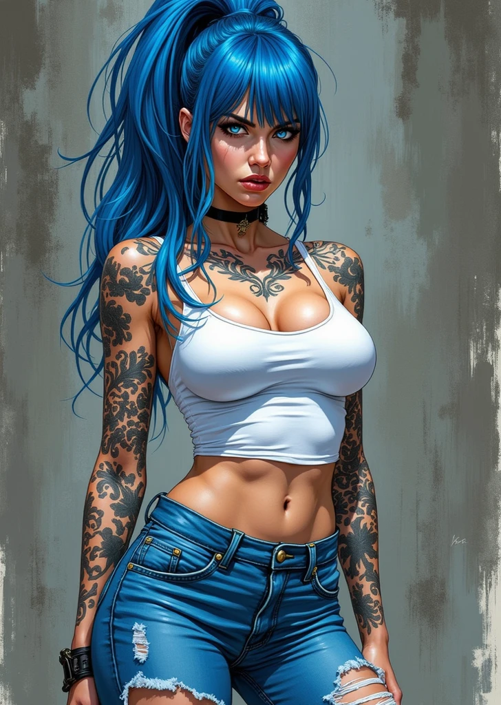 Noah, wind breaker, blue hair, white t-shirt, blue jeans, highly detailed, masterpiece, Hyperrealistic artwork, standing, looking at camera, large breast, Thick thighs, curvy hips, tatto on right shoulder
