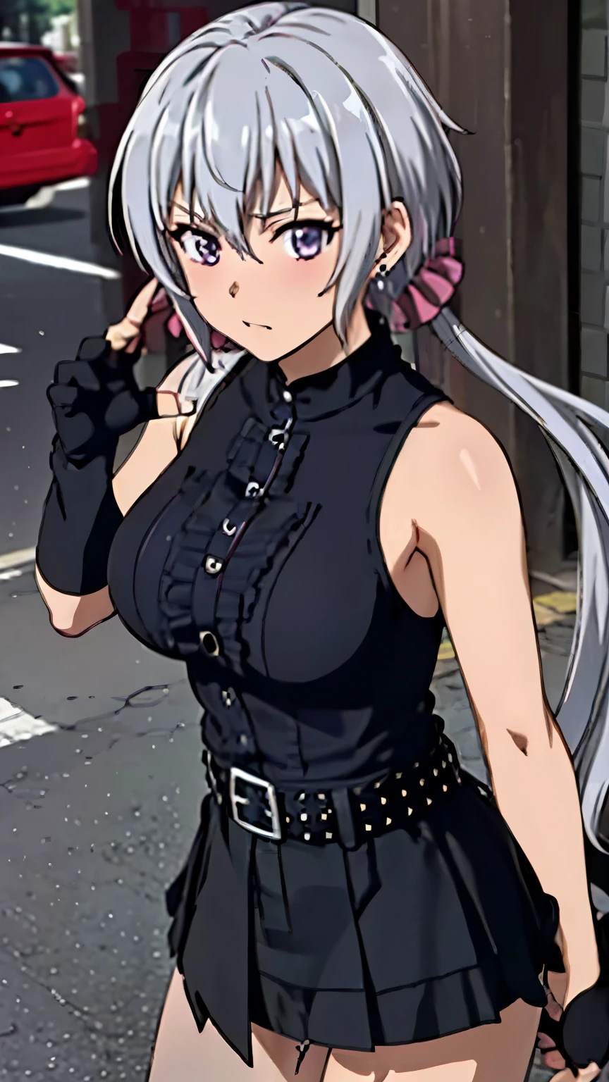 (masterpiece, top quality, high resolution, 8k:1.2), (Anime Coloring:1.2), Unity 8k 壁紙, (beautifully detailed eyes falling down on your back:1.2), Highly Detailed Faces, perfect lighting, very detailed CG, perfect hand in h, perfect anatomy, Yukine Chris, 1 girl, young woman, Bearish sentiment, (silver hair, twin tails:1.2), bungs, (purple eyes), (slender body), ((( dwarf))), (larger breasts), (Street Rock Fashion, (black clothes:1.3), Ripped Skirt, fingerless gloves, belt, earrings, 濃い化粧, Street corner ), staring at people watching, (cowboy shot), Dutch angle,