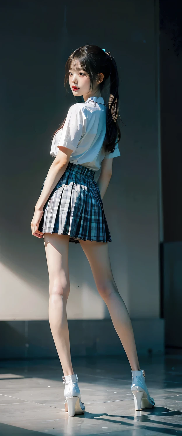 mix 4, (16K, Raw photo, best image quality, masterpiece: 1.45), (realistic, Photoreal: 1.37), one girl, photon mapping、beautiful japanese woman, 20-year-old, dark brown hair,straight hair,medium long hairstyle, With bangs,Beautiful well-groomed eyes、((double eyelid))、
(White off-shoulder knit)、(pink pleated miniskirt), black knee high socks、exposed thighs、cute smile、((Pose that emphasizes the buttocks、looked back))、((((The wind is blowing and my skirt is flipping up, Please expose your panties))))、(white lace panties)、cute earrings、(tilt your head a little)