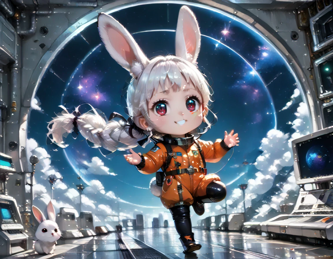 score_9_up, score_9, score_8_up, score_7_up, source_anime,masterpiece, best quality, high resolution, extremely detailed CG, absurdres, highres, 1girl solo, a mecha bunny girl jump on top of a futuristic circular device in universe, long hair, thighhighs, animal ears, rabbit ears, blue eyes, breasts, bare arms, no_sleeves, white thighhighs, headphones, medium breasts, very long hair, boots, smile, armpits, hands near head, kawaii, vivid color, good_hands