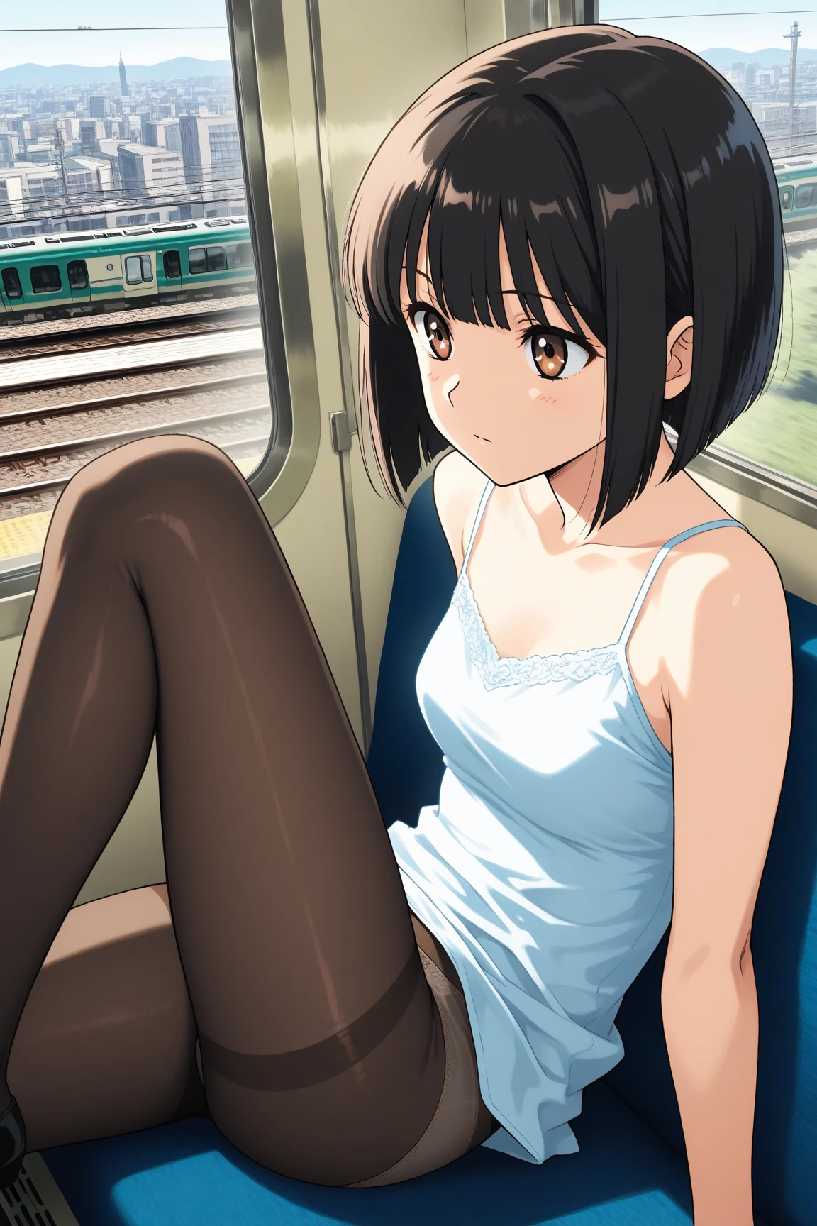(1) Sitting alone on a long seat in a train,Sit with your legs apart,Panty shot,White panties are visible, , Composition from the front,Low - Angle,
(2) I&#39;m a jk, She is wearing a uniform consisting of a miniskirt, sailor suit and loose socks.,
(3) I have medium length brown hair,
(4) The expression is provocative and smirking.,
(5) The location is a long seat on the Yamanote Line at night.,There are no other customers,The view outside the window is the night view of the city