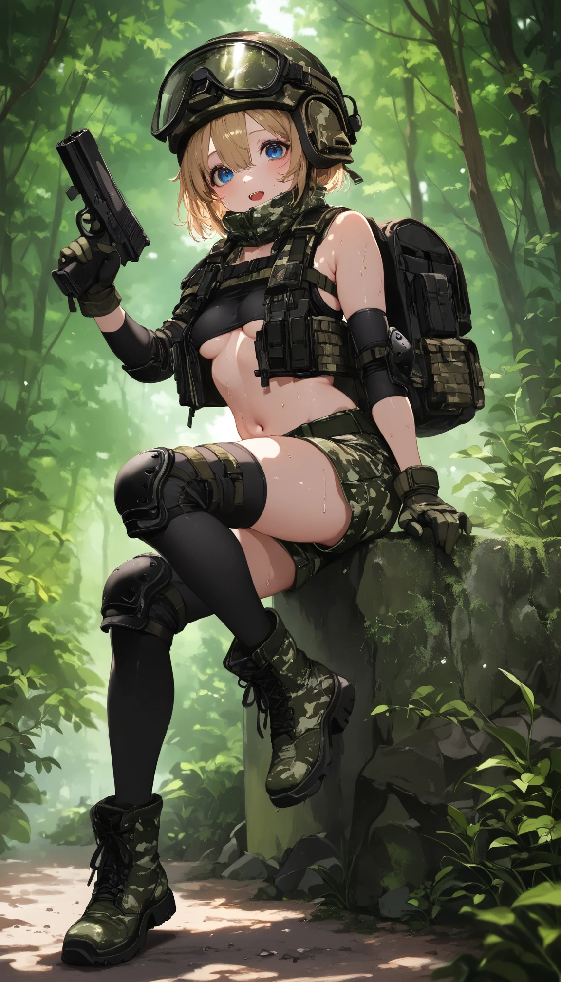 1woman 20 years old, max resolution, sculpted, military, wearing a soldier helmet, beautiful, perfect body, blonde hair, blue eyes, perfect body, thin waist, wide hips, large breasts, slim thighs, jungle background, armored vehicle, military robot dog, camouflaged uniform, tight panties, two-piece, highly detailed, high resolution, perfect hands, side view, camo, face fully turned to the side to look at the viewer, turn her head to look at the viewer, genuflection kneeling, one knee on ground, one knee up, bare shoulders