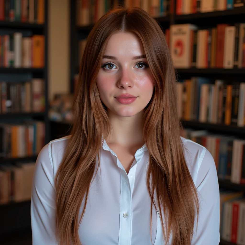 closeup headshot of S203_AleksandraGirskaya,an attractive woman,in front of a (bookshelf:1.1),wearing a (crewneck-sweatshirt:1.1),(smiling),(8k, RAW photo, best quality, depth of field, ultra high res:1.2),(absurdres, intricate, photorealistic, masterpiece, ultra-detailed:1.3),