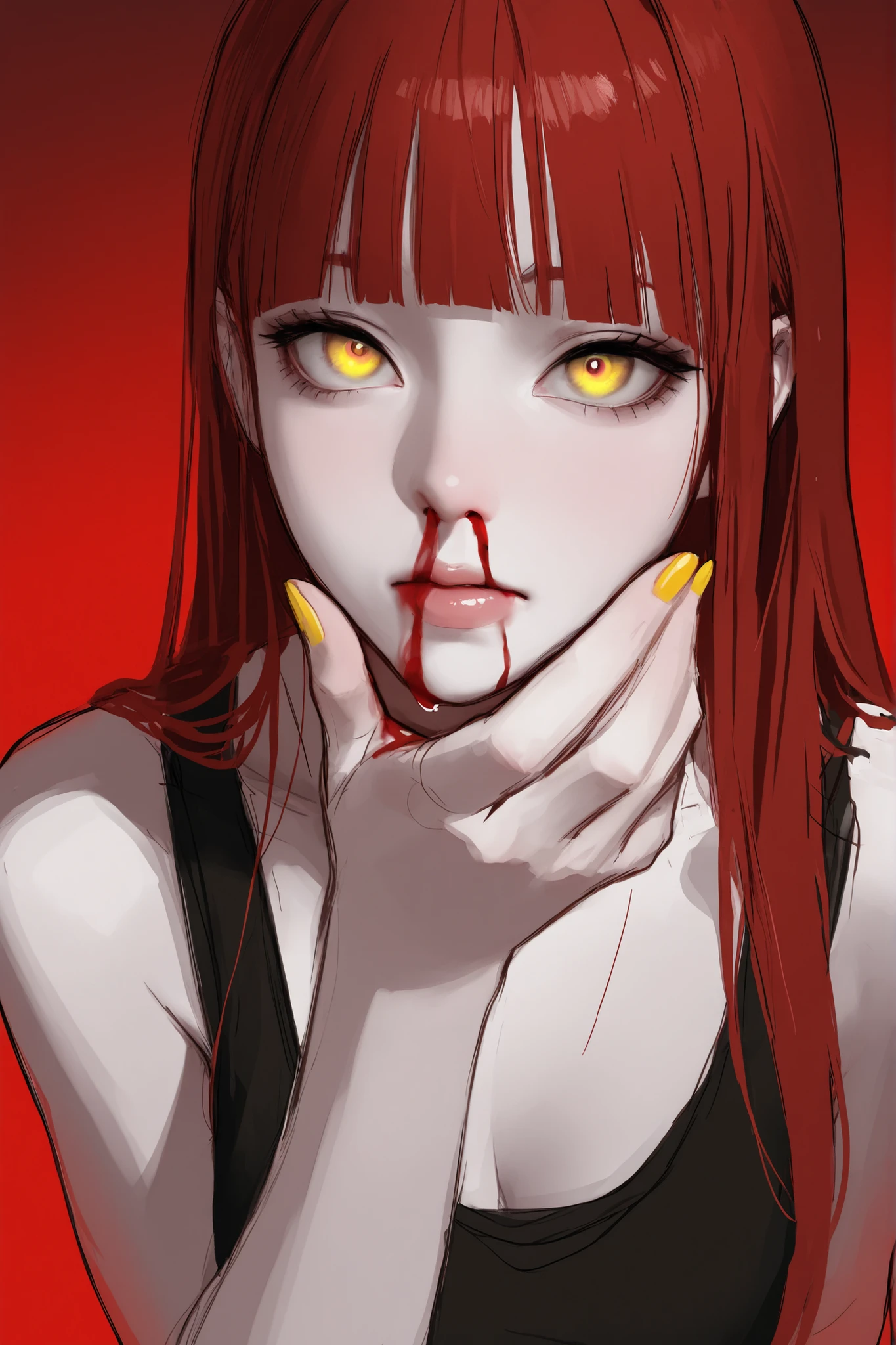 sketch, messy sketch, masterpiece, best quality, amazing quality, 748cmstyle, red background, dark colors, close up face, from above, foreshortening, 1girl, solo, red hair, straight hair, long hair, blunt bangs, detailed eyes, Golden yellow eyes, gradient eyes, pale skin, nosebleed, blood dripping from nose, detailed nails, yellow nails, tank top, detailed hand, perfect hand anatomy, perfect female anatomy
