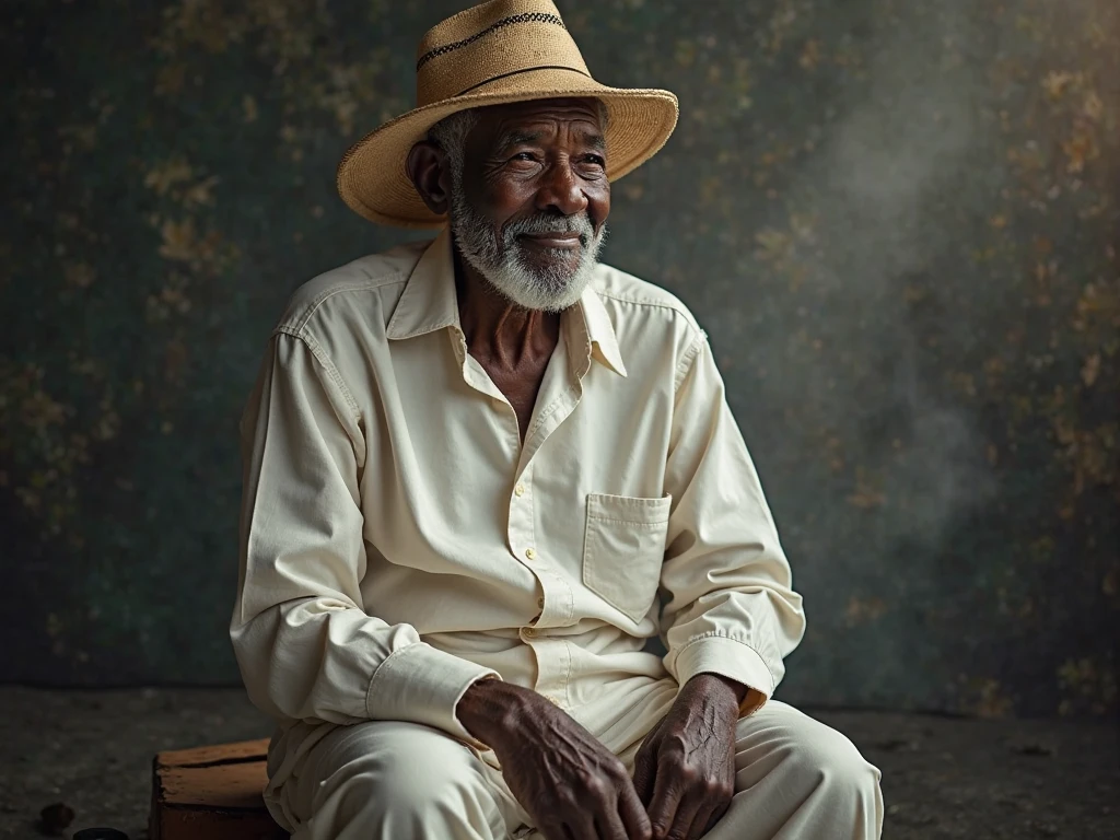 Make a 90 year old black man, very old ,all in white, sitting on a stool, smoking a pipe and wearing a straw hat, barefoot, a wooden house kitchen with an old wood stove, looking forward
