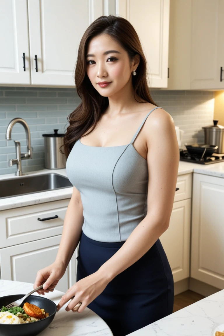 Beautiful, mother-in-law, japanese, small breast, voluptuous, square neck maxi knit dress, In the kitchen, sexual expression,